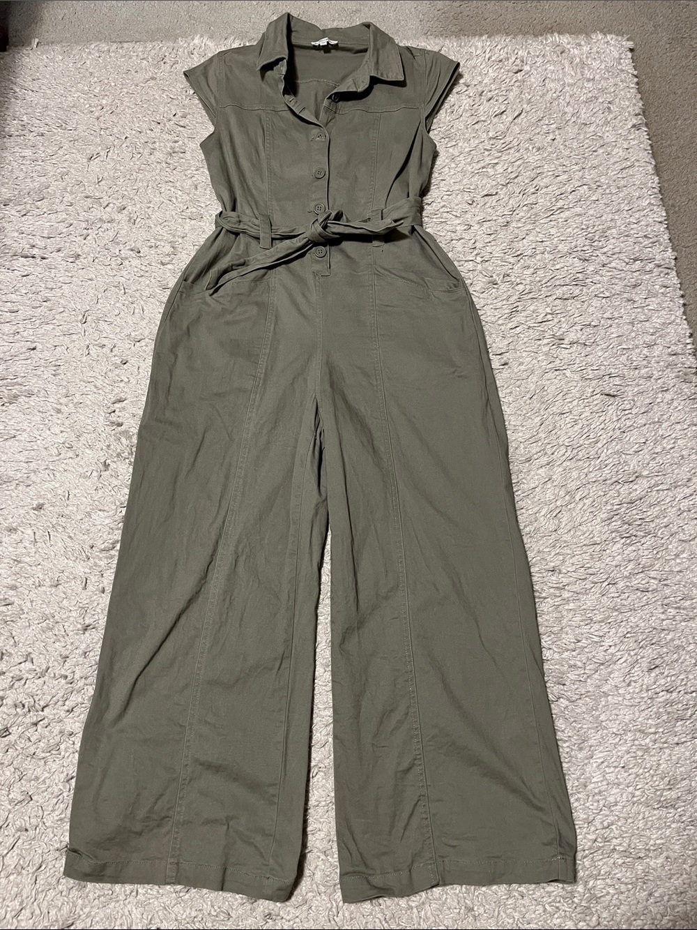 Cap-Sleeve Olive Utility Jumpsuit with Tie Waist